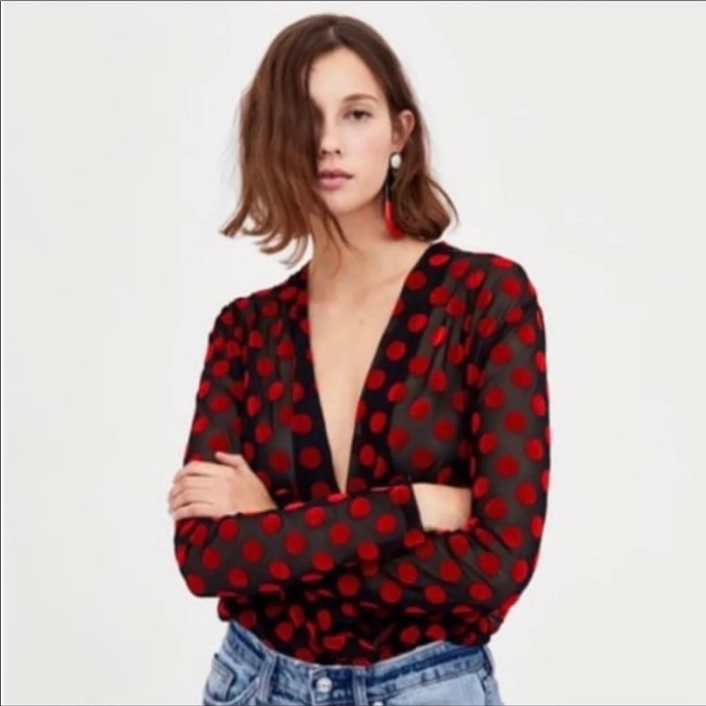 TRADE FOR SIERRA99501 Zara black sheer faux wrap top with red velvet polka dots